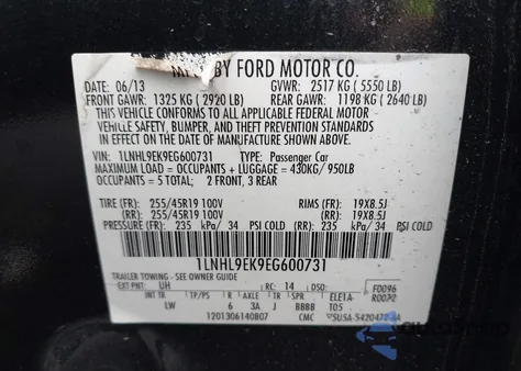 2014 Lincoln Mks из США, поврежденный, VIN 1LNHL9EK9EG600731